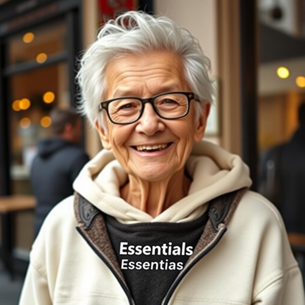 A stylish senior citizen wearing a trendy hoodie from the brand Essentials, showcasing a comfortable and modern fashion sense