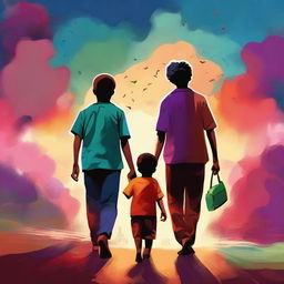 An inspiring digital art piece showcasing three empathetic social workers guiding a young boy towards his dreams, symbolizing his redemption from past mistakes