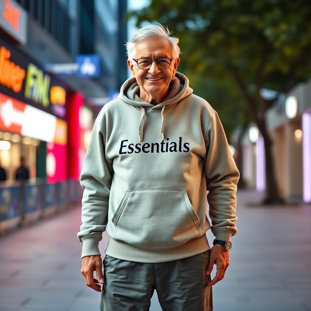 A full-body portrait of a stylish senior citizen wearing a trendy hoodie from the brand Essentials, striking a fashionable pose that showcases confidence and personality