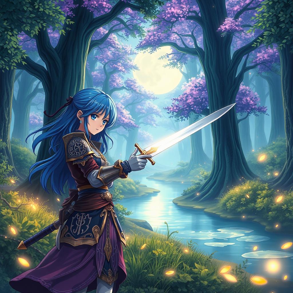 An enchanting anime scene featuring a mystical forest illuminated by soft moonlight