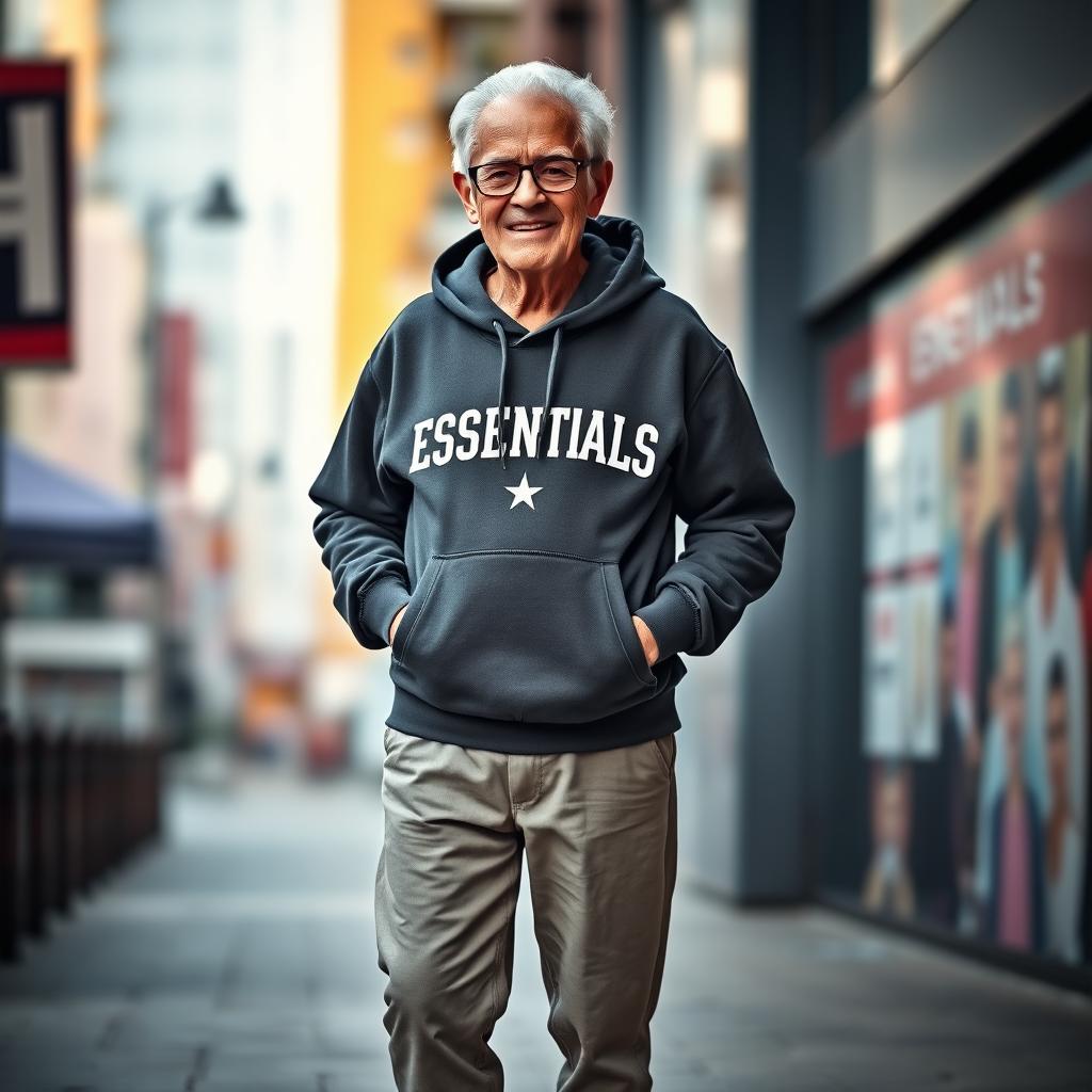 A full-body portrait of a stylish senior citizen wearing a trendy hoodie featuring the word 'ESSENTIALS' in all caps, showcasing a confident and fashionable pose
