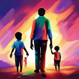 An inspiring digital art piece showcasing three empathetic social workers guiding a young boy towards his dreams, symbolizing his redemption from past mistakes