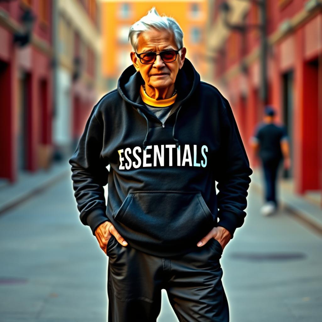 A full-body portrait of a stylish senior citizen wearing a trendy hoodie from the brand ESSENTIALS, with the word 'ESSENTIALS' displayed in all caps but in a slightly smaller size and without any other design elements