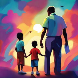 An inspiring digital art piece showcasing three empathetic social workers guiding a young boy towards his dreams, symbolizing his redemption from past mistakes