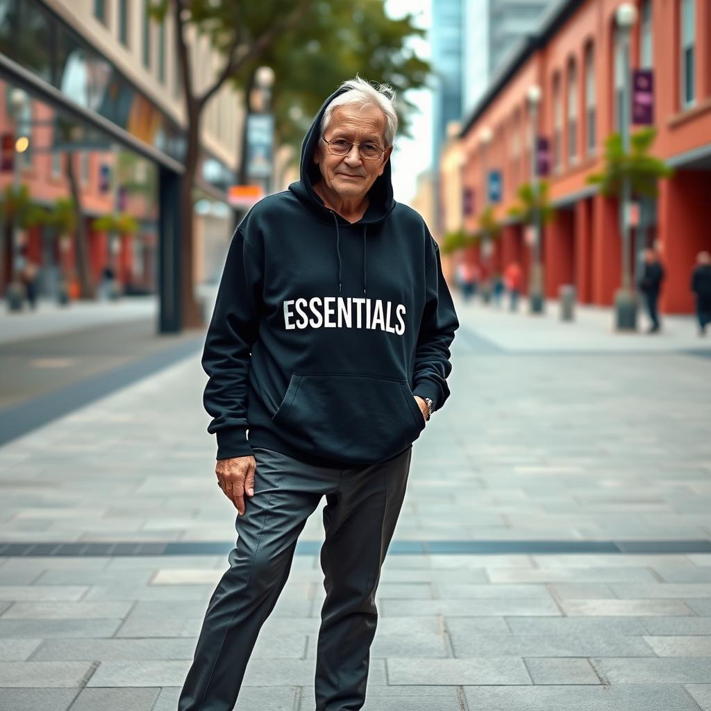 A full-body portrait of a stylish senior citizen wearing a trendy hoodie from the brand ESSENTIALS, featuring the word 'ESSENTIALS' in all caps but in a smaller size without any other design elements