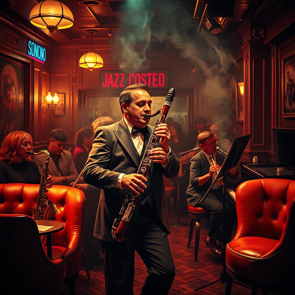 A retro-themed jazz scene featuring a prominent bassoon player