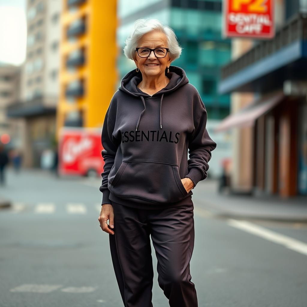 A full-body portrait of a stylish senior woman wearing a trendy hoodie from the brand ESSENTIALS, with the word 'ESSENTIALS' displayed in all caps in a smaller size and without any other design elements