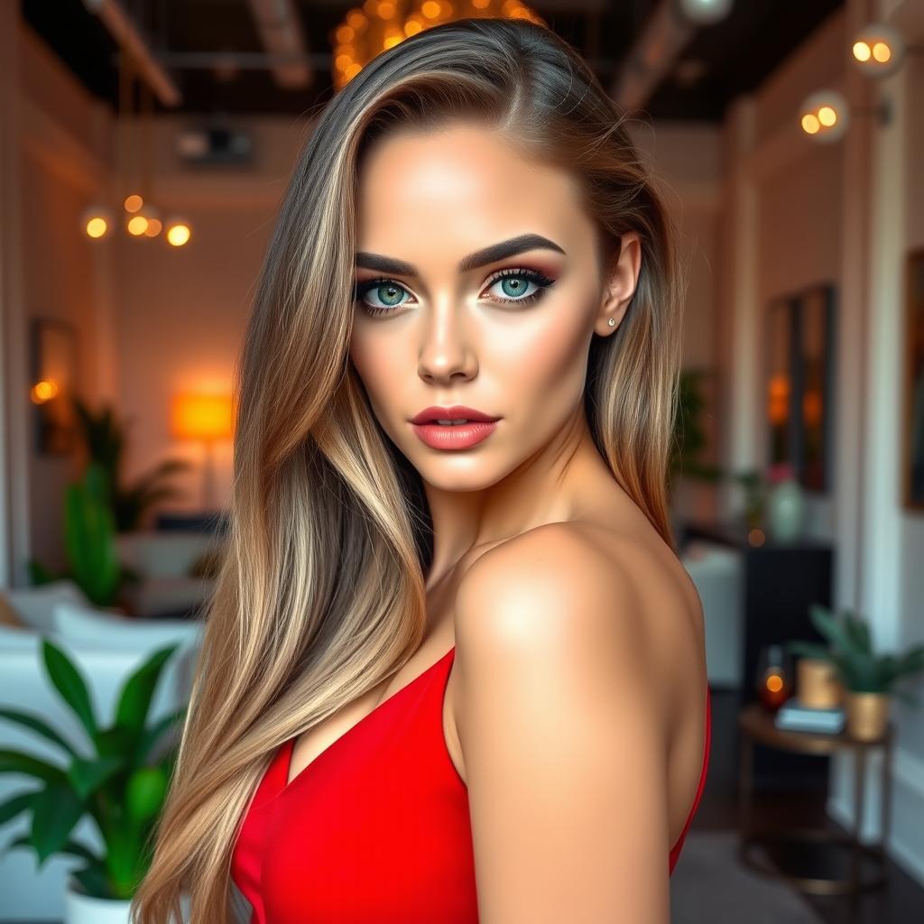 A stunning portrait of a beautiful woman with long flowing hair and captivating green eyes, styled with elegant makeup