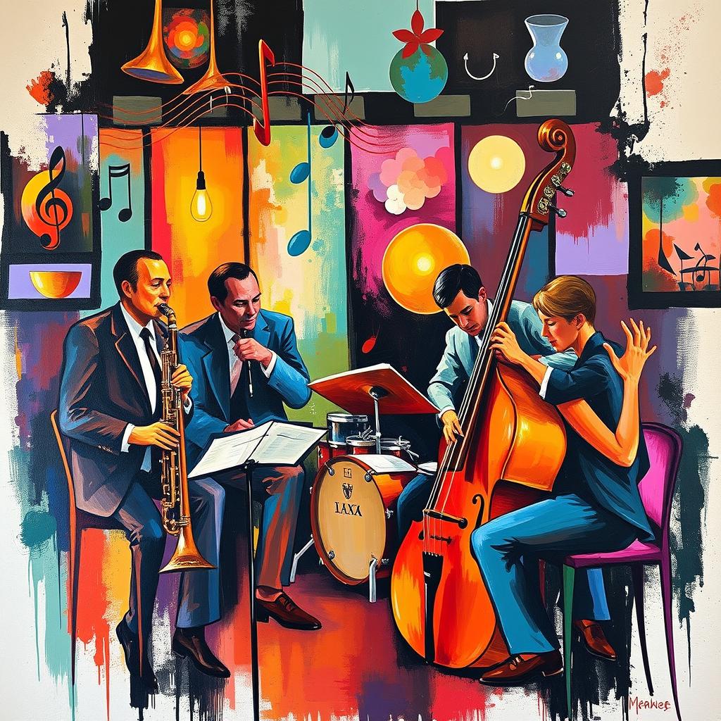 A contemporary style painting showcasing a jazz-themed scene, prominently featuring the bassoon as the main instrument