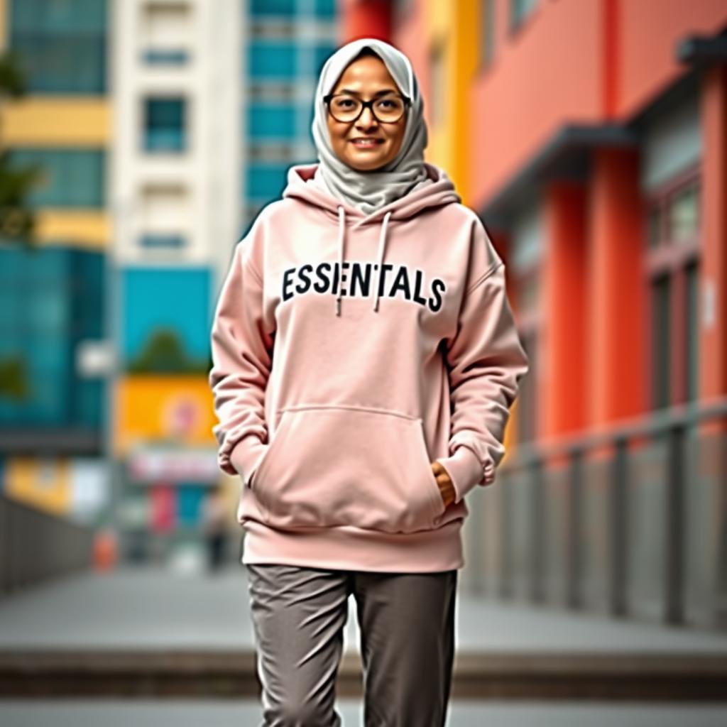 A full-body portrait of a stylish senior woman wearing a trendy hoodie from the brand ESSENTIALS, featuring the word 'ESSENTIALS' in all caps but in a smaller size without any other design elements