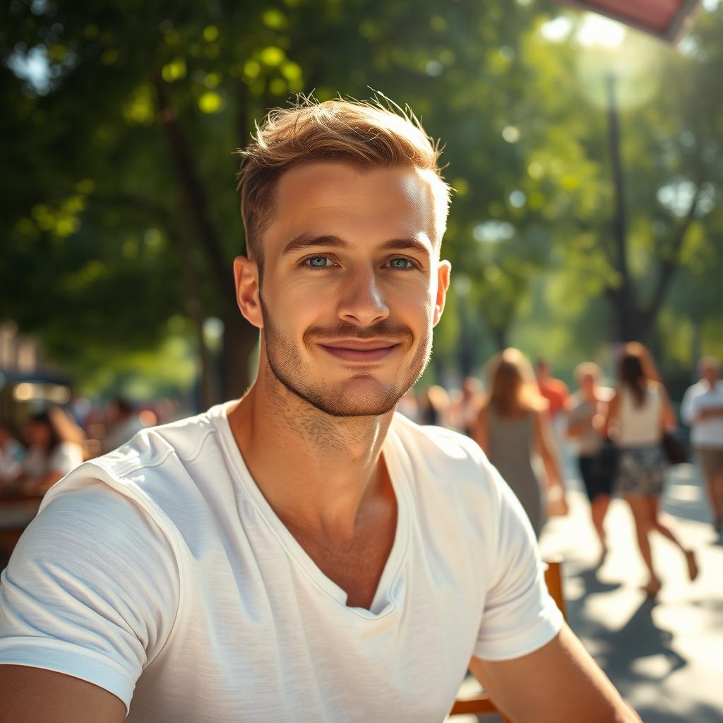 Um retrato de um homem atraente, com cabelos castanhos e olhos verdes, vestindo uma camisa branca, sentado em um café ao ar livre