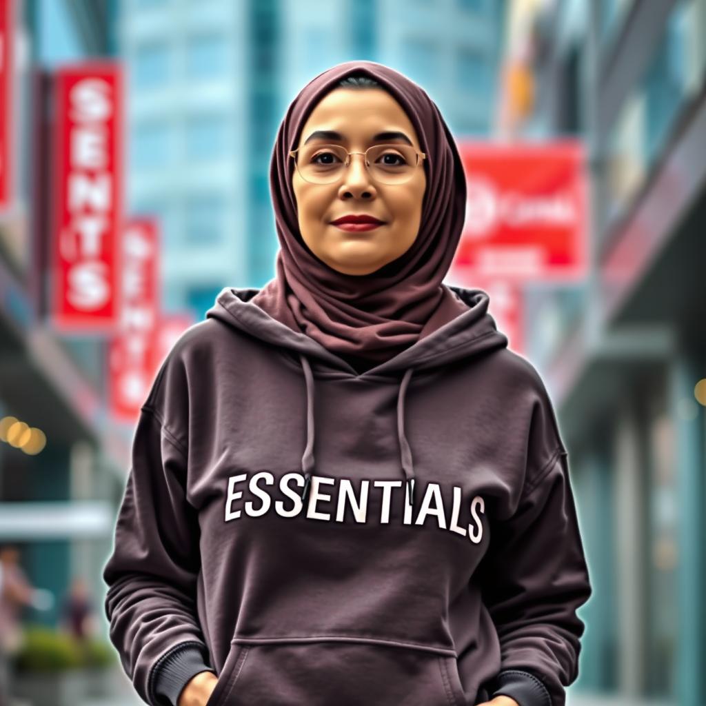 A full-body portrait of a stylish senior woman aged between 50 to 70 years, wearing a trendy hoodie from the brand ESSENTIALS