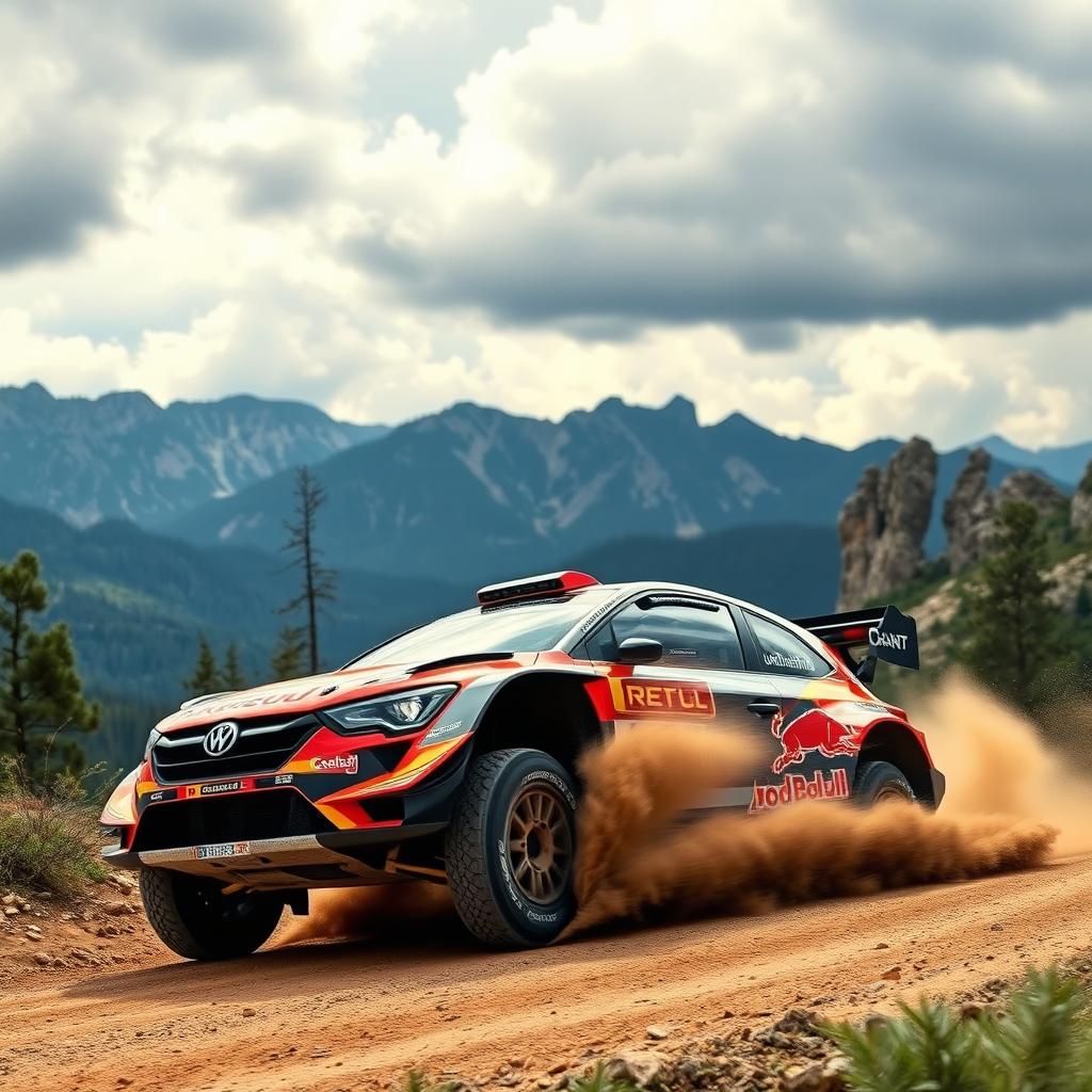 A high-speed rally car racing through a picturesque mountainous landscape, kicking up gravel and dirt, with dramatic skies overhead