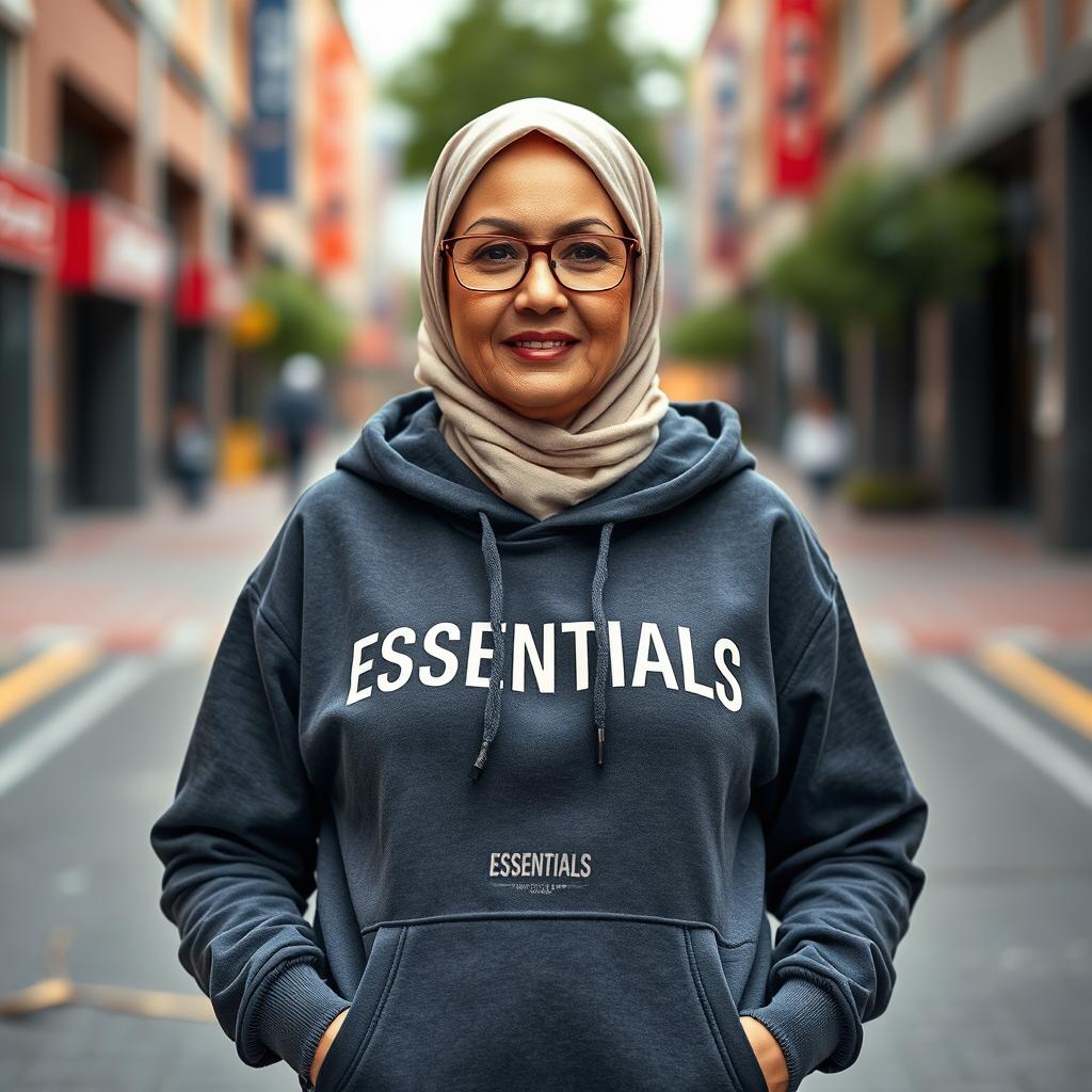 A full-body portrait of a stylish senior woman aged between 50 to 70 years, wearing a contemporary hoodie from the brand ESSENTIALS