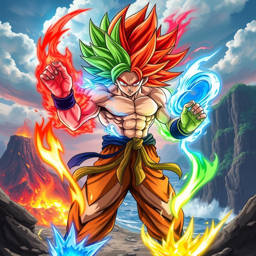 A powerful warrior in an elemental Saiyan form, showcasing vibrant energy and elemental traits