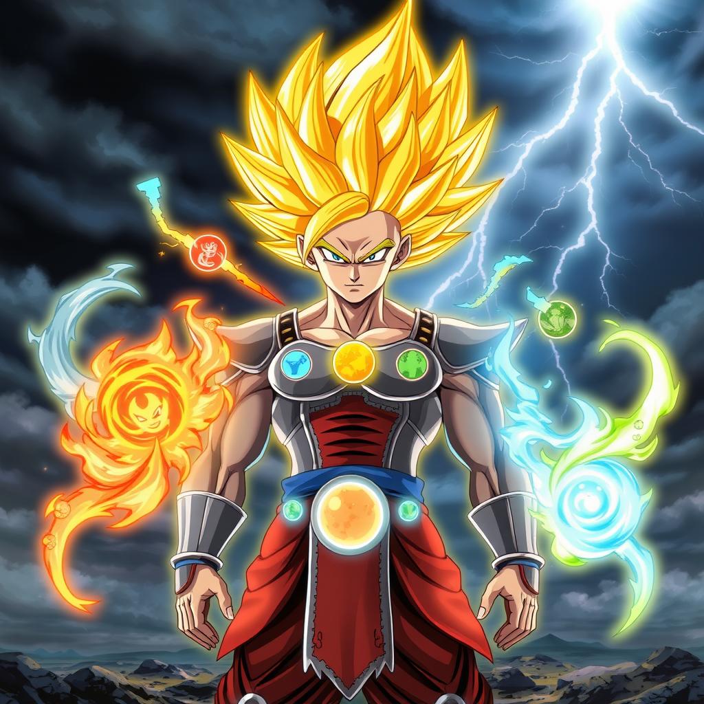 An original character design of a powerful elemental Super Saiyan 5 form, featuring glowing golden hair that stands in a wild, electrified style