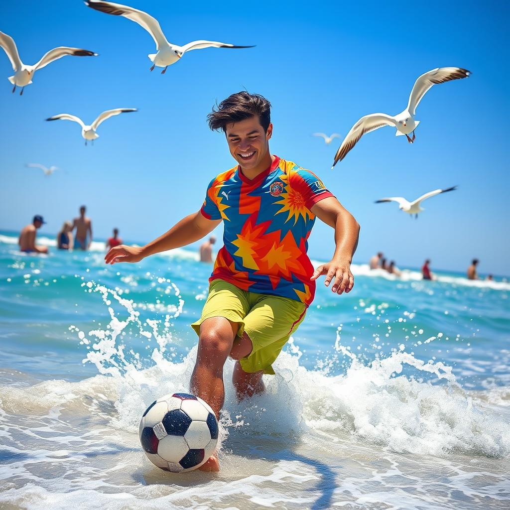 A vibrant and dynamic scene depicting Remo, a muscular young man with dark hair and wearing a colorful football jersey, energetically playing football in the clear blue sea