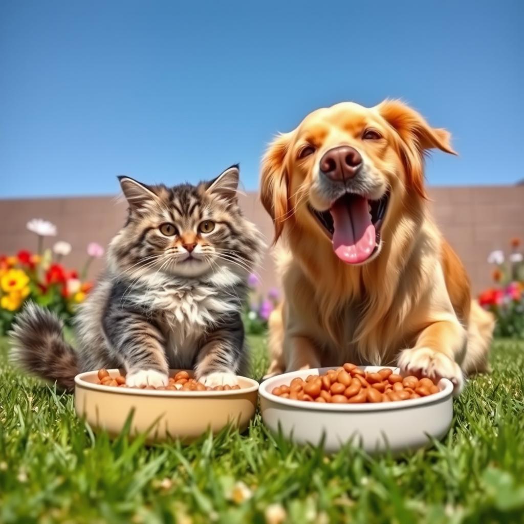 A playful and humorous scene depicting a friendly dog and a cat sharing a meal together, showcasing a bowl of dog food and a bowl of cat food