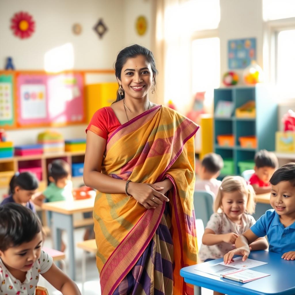 A young female teacher wearing a colorful saree, standing in a bright and cheerful classroom filled with small children engaged in various fun activities