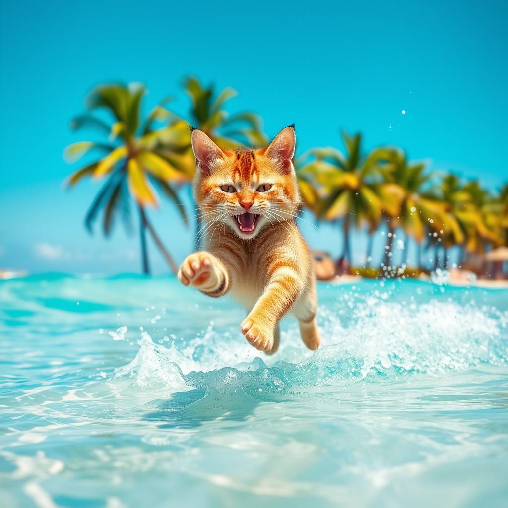 A playful and adventurous cat leaping joyfully into a bright blue sea, with splashes of water flying around