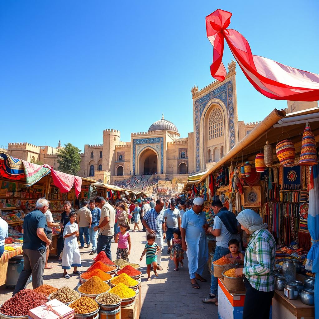 A vibrant and dynamic scene depicting a bustling market in a Middle Eastern city