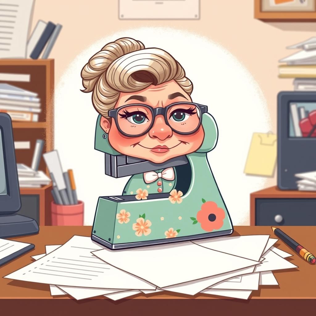 A whimsical and humorous illustration of a stapler personified as a mother-in-law, complete with a face and features reflecting a strong personality