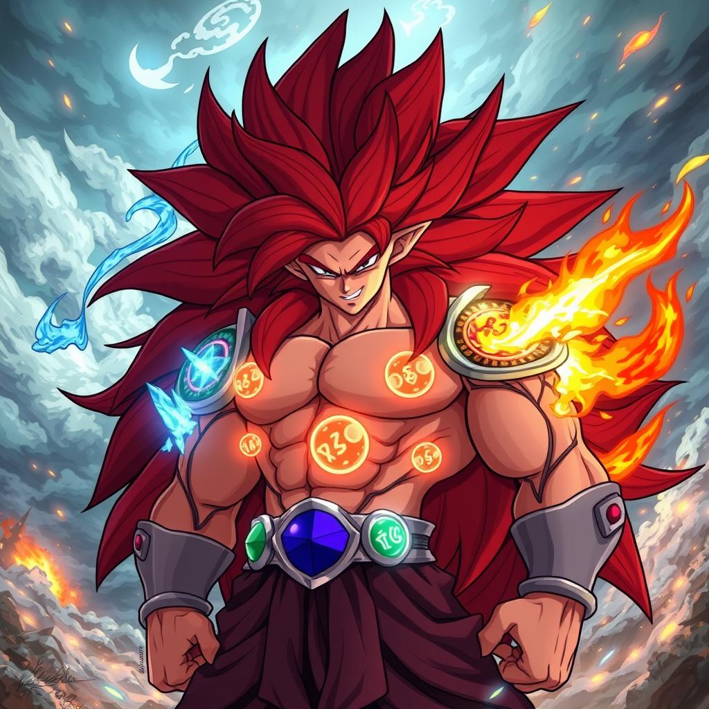 An original character design of an elemental Super Saiyan 4 form inspired by Dragon Ball GT