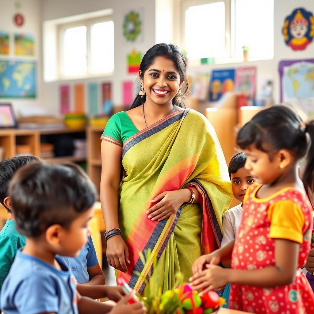 A young female teacher wearing a vibrant saree, standing in a lively classroom surrounded by small children
