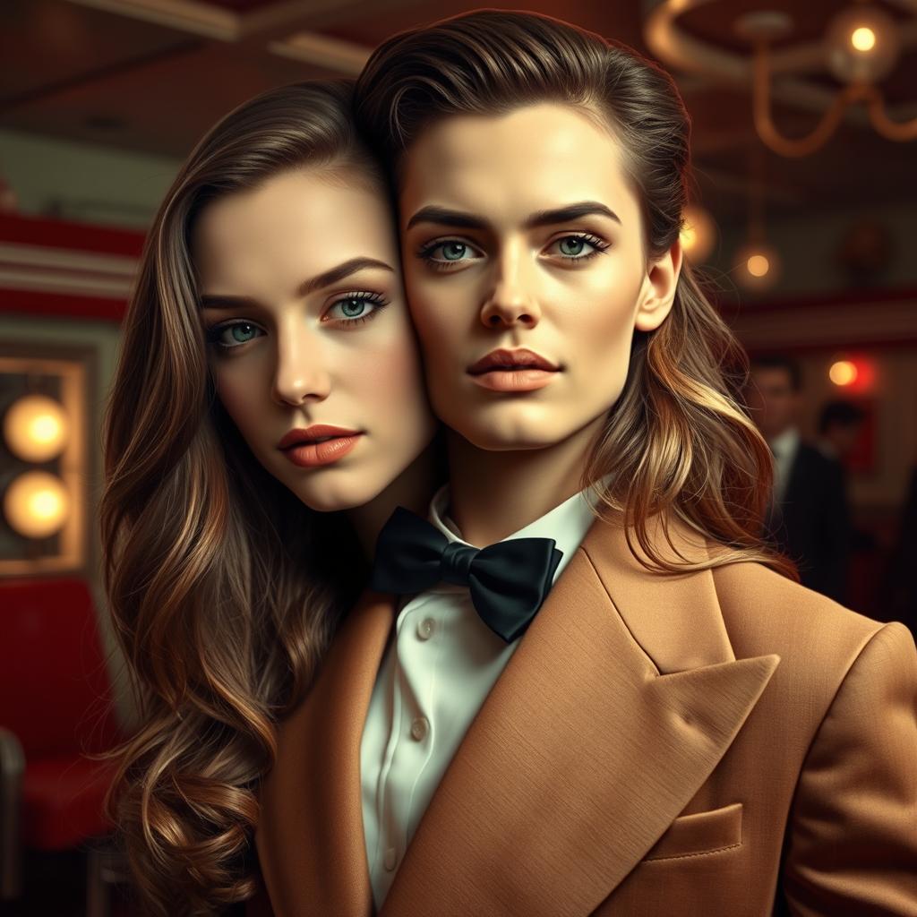 A surreal image where a girl's face is seamlessly blended onto the body of an actor from a classic film