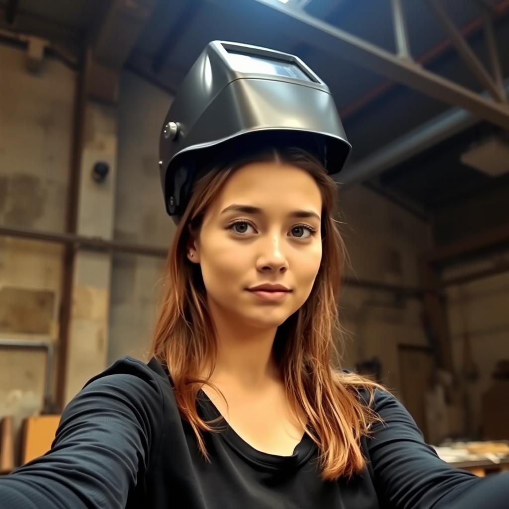 In a workshop setting, a young woman takes a selfie with a focused expression while wearing a welding helmet perched slightly above her head