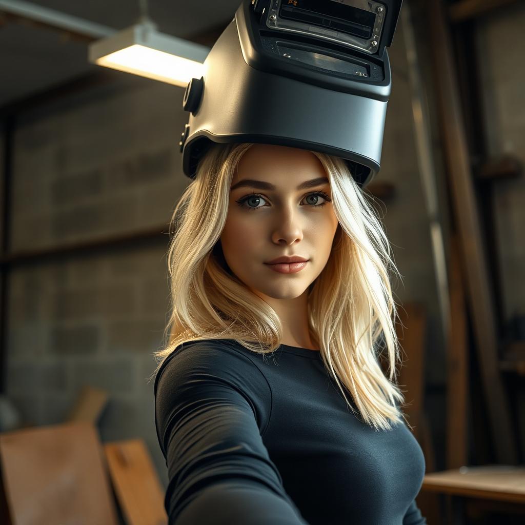 In a workshop setting, a young blonde woman with medium-length hair takes a selfie, showing a focused expression underneath a welding helmet that rests slightly above her head