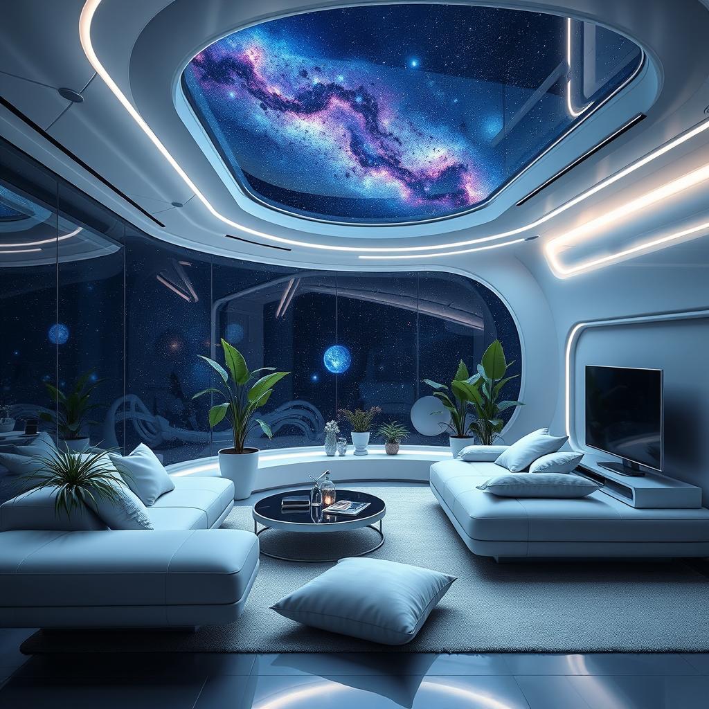 A futuristic interior design concept set in outer space, featuring sleek, minimalist lines and a color palette of metallic silver, deep blue, and soft white