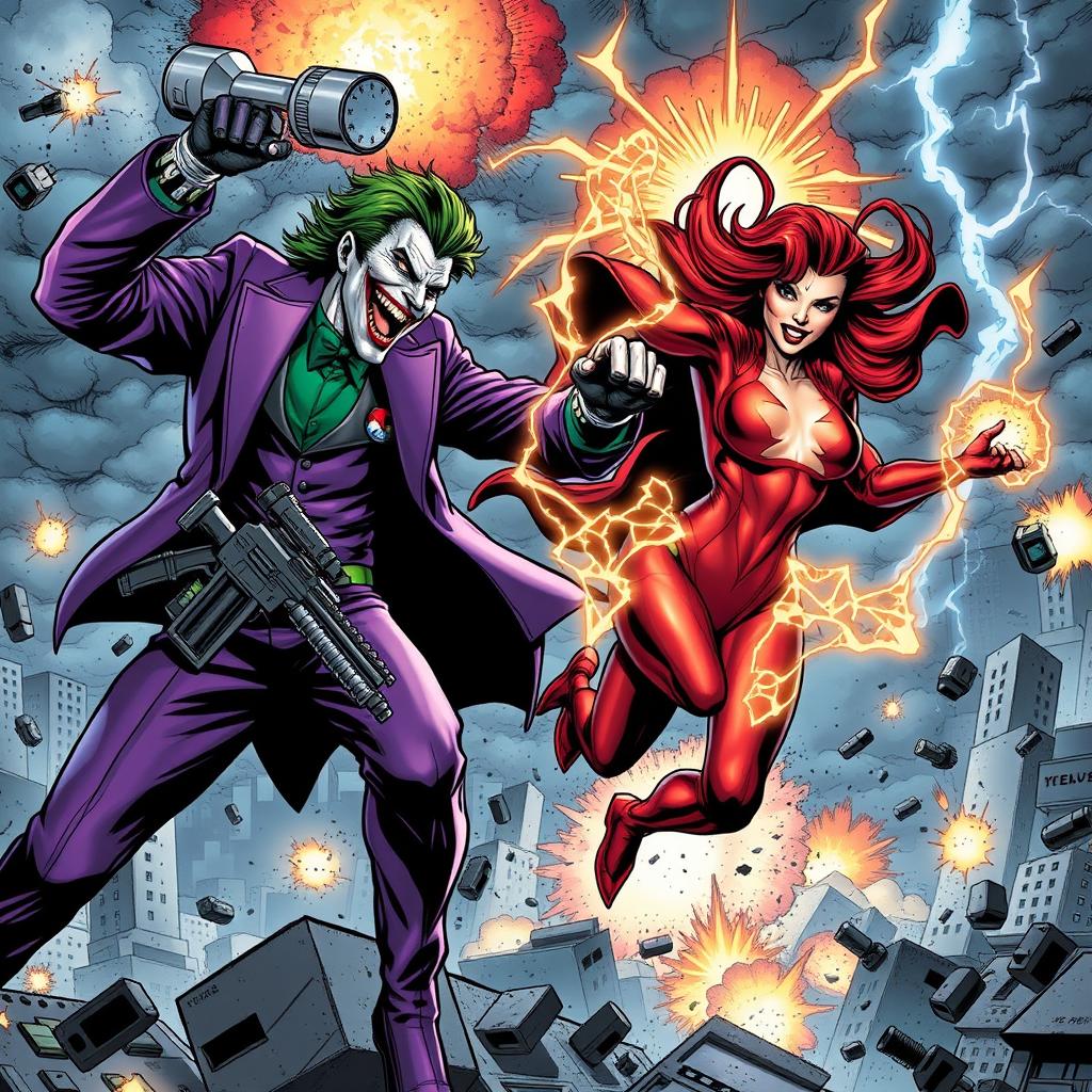 An epic comic book-style scene featuring Scarlet Witch and the Joker engaged in a fierce battle