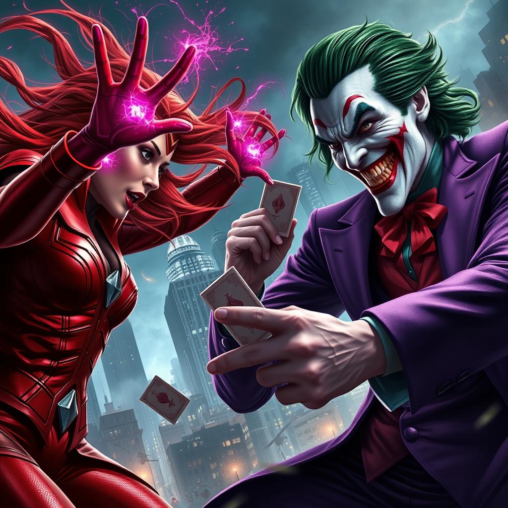 A highly realistic depiction of Scarlet Witch and the Joker locked in a dramatic battle