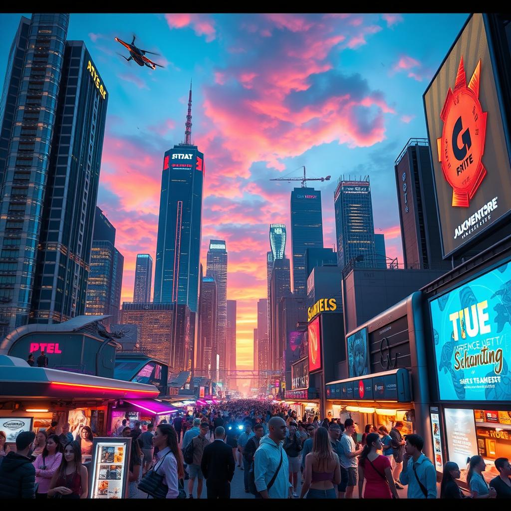 A futuristic cityscape at dusk, featuring a skyline dominated by glowing skyscrapers with neon lights