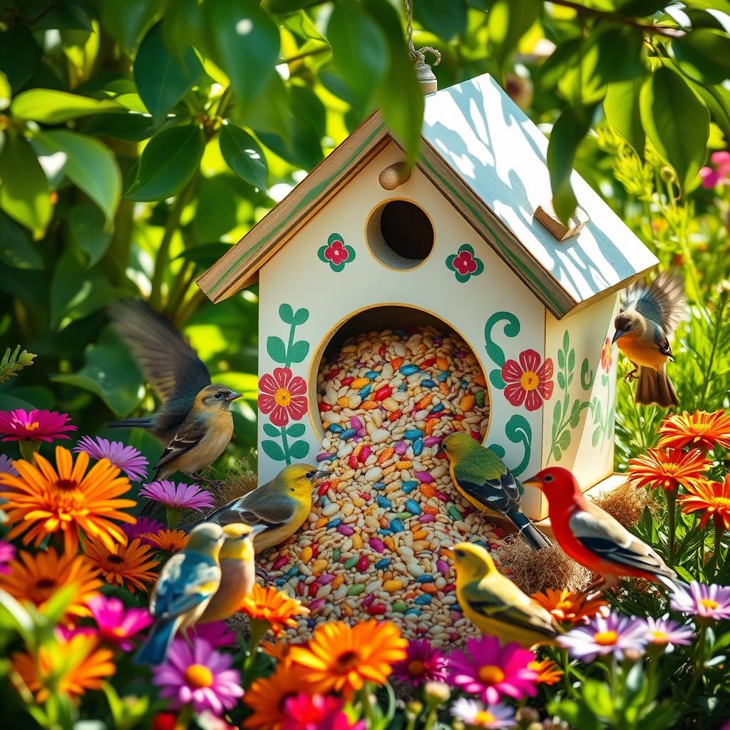 A charming birdhouse nestled in a lush garden, filled with a variety of colorful seeds spilling out of the entrance
