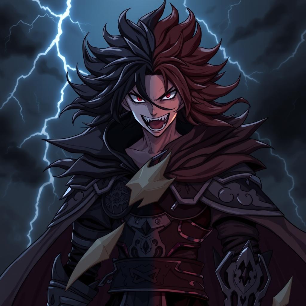A dark and powerful anime villain with four distinct shades of darkness creatively blended throughout their outfit