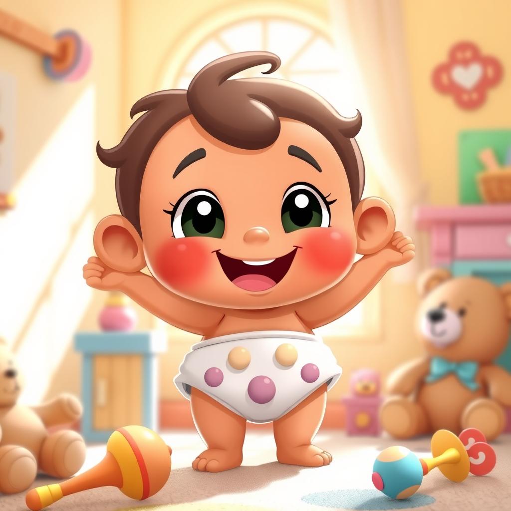 A whimsical and playful scene featuring a cartoonish character dressed as a baby, wearing a colorful diaper, with a joyful expression