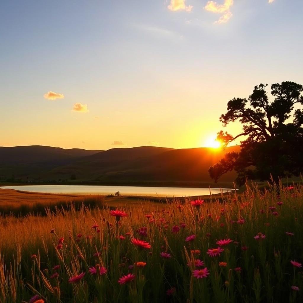 A serene landscape at sunset, featuring rolling hills bathed in warm golden and orange hues, with a tranquil lake reflecting the colorful sky