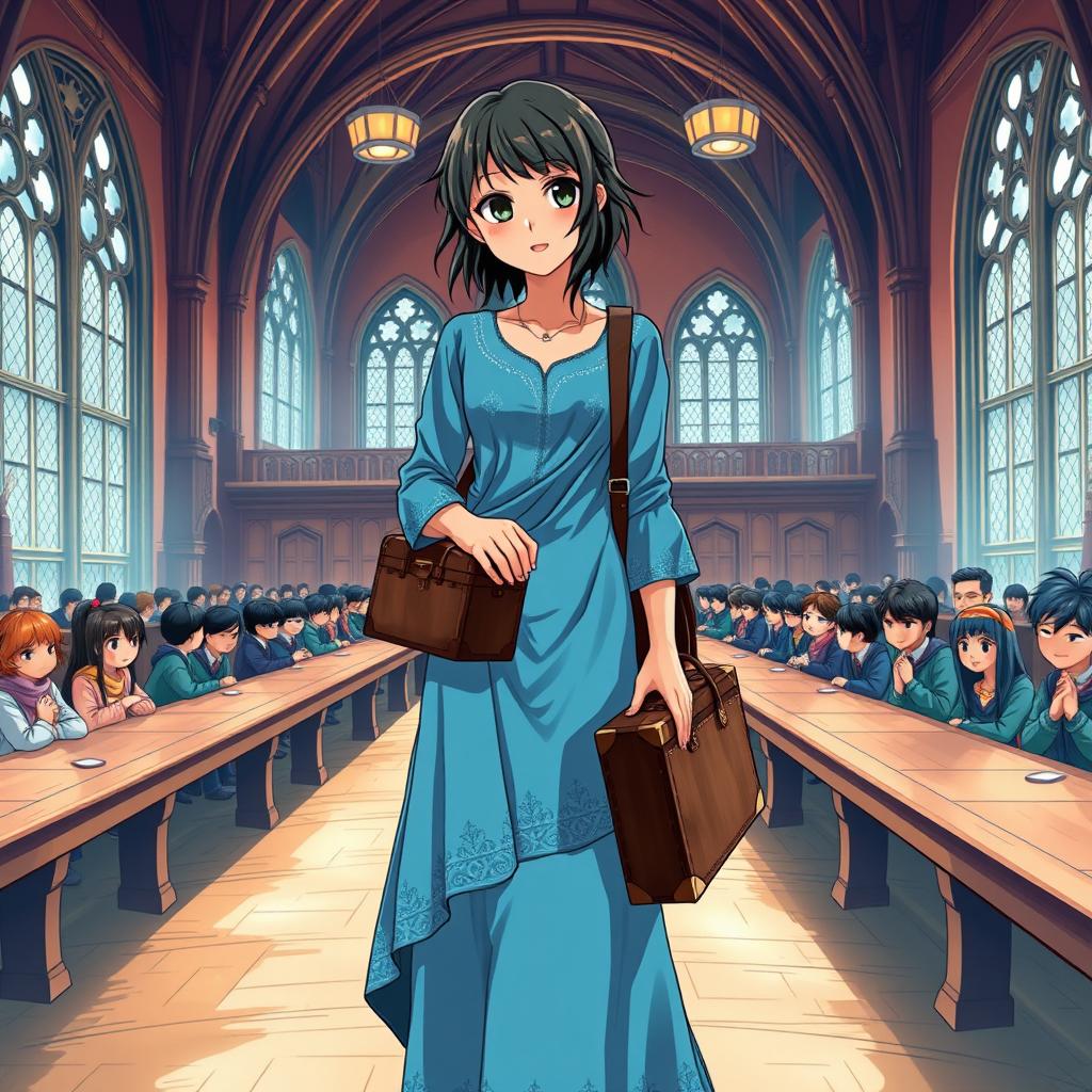 A 15-year-old Indian anime girl with wheatish skin tone and slightly disheveled black hair, standing in the Great Hall of Hogwarts