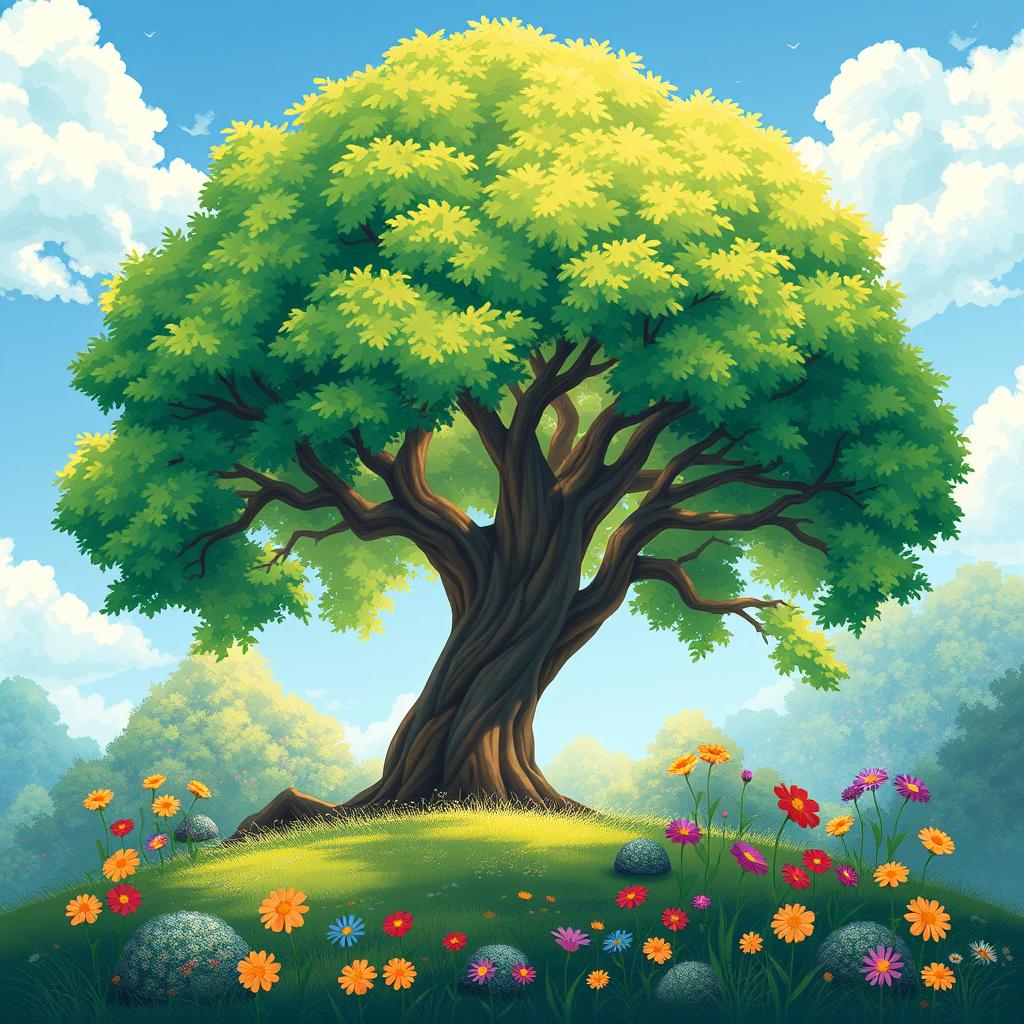 A beautifully detailed illustration of a majestic tree standing tall in a lush green forest
