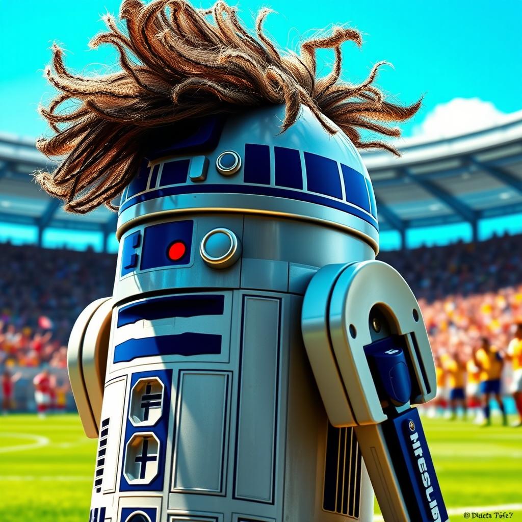 A fun and creative depiction of R2-D2 from Star Wars, featuring the iconic droid with the distinctive hairstyle of famous footballer Ronaldinho, complete with his signature curly hair bouncing around the top of R2-D2's dome