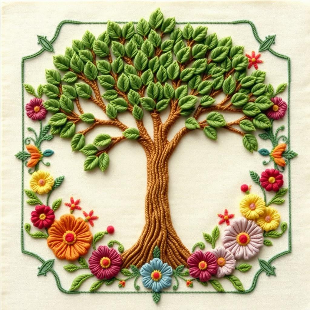 A beautifully crafted tree depicted within a decorative square border, inspired by the embroidery style of Mary Linwood