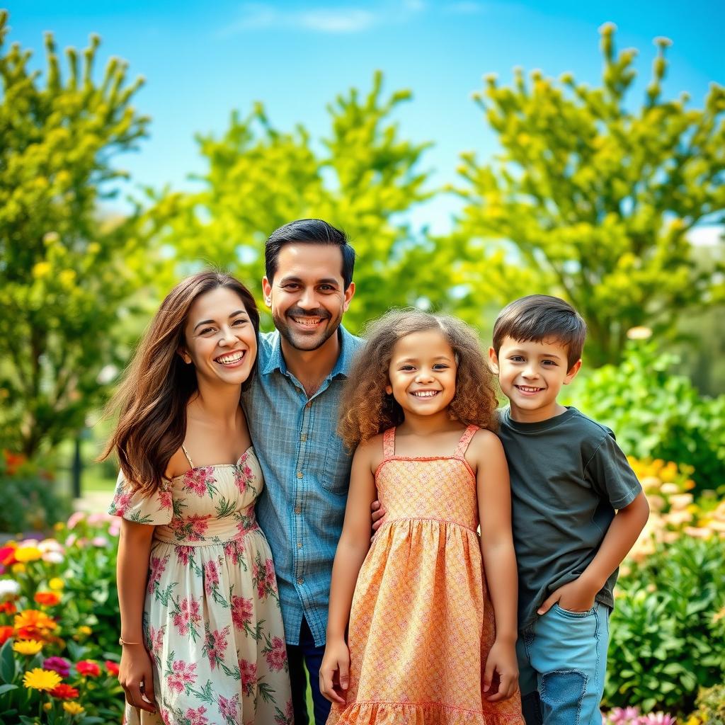 A warm family portrait capturing a happy family of four in a lush garden
