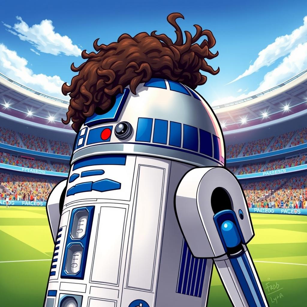 A whimsical illustration of R2-D2 from Star Wars, creatively styled with the iconic curly hair of famous footballer Ronaldinho atop the droid's dome