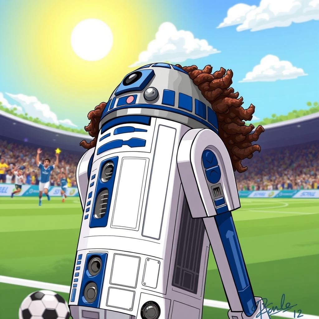 A creative illustration of R2-D2 from Star Wars, styled with the distinctive curly hair of the footballer Ronaldinho, showcasing his iconic hairstyle on top of the droid's dome