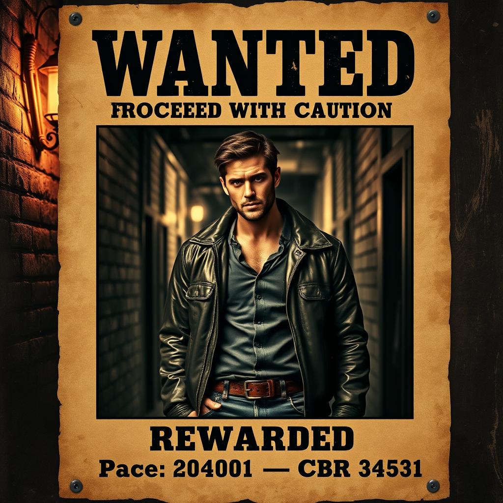 A detailed and engaging 'Wanted' poster featuring a male suspect as the central focus, with a rustic, old-fashioned design