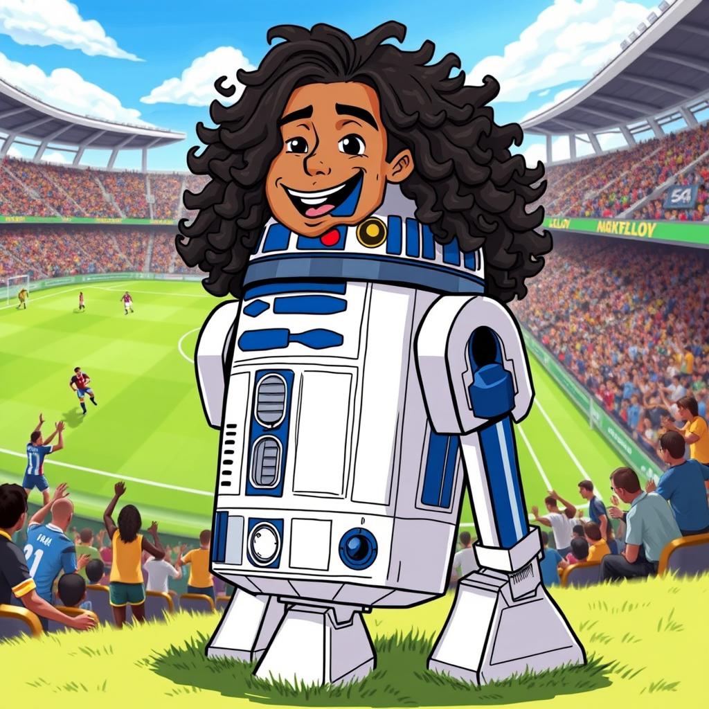 A playful illustration of R2-D2 from Star Wars adorned with the signature curly hairstyle of the footballer Ronaldinho, featuring his iconic bouncy curls on top of the droid