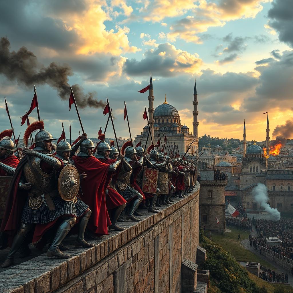 A historical scene depicting the Fall of Constantinople, showcasing the Byzantine army defending the city