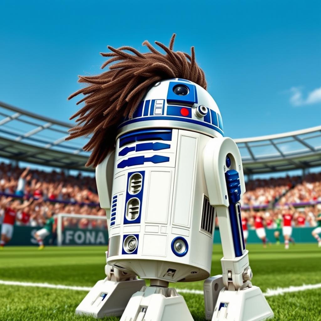 An imaginative depiction of R2-D2 from Star Wars sporting the distinctive curly hair of the famous footballer Ronaldinho, with the droid's traditional blue and white exterior complemented by Ronaldinho's vibrant and playful curls on top